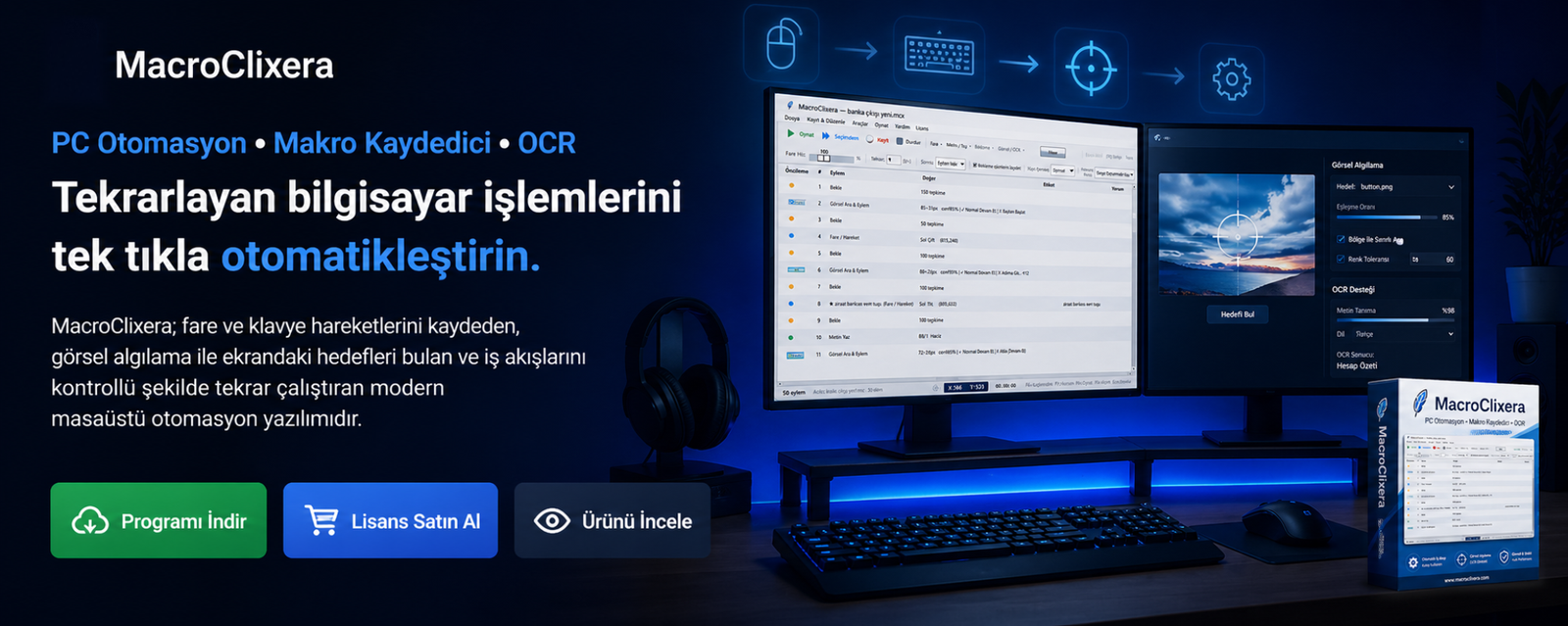 MacroClixera PC otomasyon, makro kaydedici ve OCR ana sayfa banner görseli